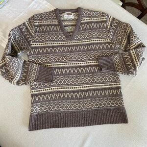 STETSON Virgin Wool V- Neck Knit Fair Isle / Nordic Sweater sz L XL Made In USA